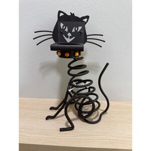 Black Metal Cat Tealight Candle Holder Spring Neck Halloween Decor